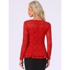 INSPIRE CHIC Women's Floral Lace Front Peplum Hem Keyhole Sheer Long Sleeve Blouse - 4 of 4