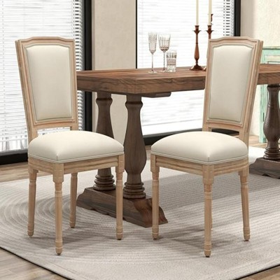 SKRAN French Dining Chairs Set of 2, Upholstered Vintage with Square Backrest with Solid rubberwood Leg for Dining Room Bedroom Kitchen, Beige A