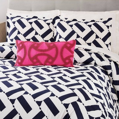 Small Rectangular Fuchsia Embroidered Geometric Throw Pillow