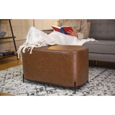 Distressed Brown Faux Leather Upholstered Bench with Black Metal Base