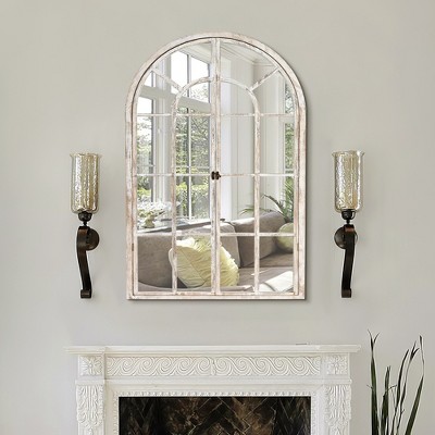 Wooakway 36"H Charcoal Brown Arch Windowpane Decorative Wall Mirrors with Opening Windows for Living Room Bedroom Entryway