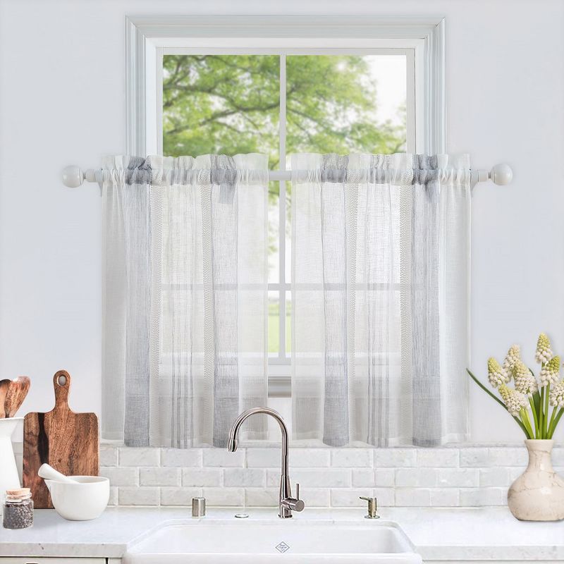 Vertical Stripe Linen Textured Voile Sheer Short Kitchen Cafe Curtains for Small Windows, 1 of 6