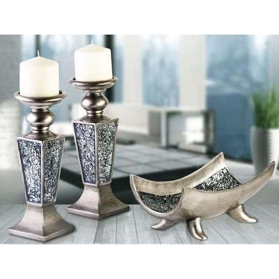 Silver Crackled Mosaic Polyresin Candlestick Set