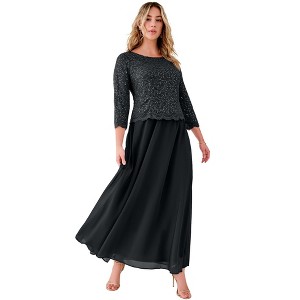 Roaman's Petite Plus Size Sparkle Lace Popover A-Line Gown With 3/4 Sleeves - 1 of 4