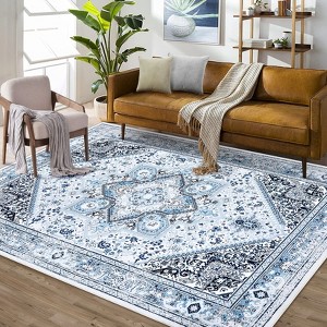 Vintage Washable Floral Printed Area Rug with Non-Slip Backing Farmhouse Oriental Distressed Low Pile Carpet - 1 of 4