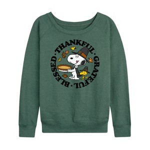 Women's - Peanuts - Thankful Grateful Blessed Lightweight French Terry Wide Neck Long Sleeve Shirt - 1 of 4