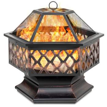 Best Choice Products 24in Hex-Shaped Steel Fire Pit for Garden, Backyard, Poolside w/ Flame-Retardant Mesh Lid