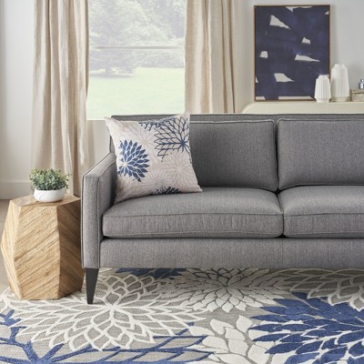 Ivory and Navy Floral Square Outdoor Throw Pillow