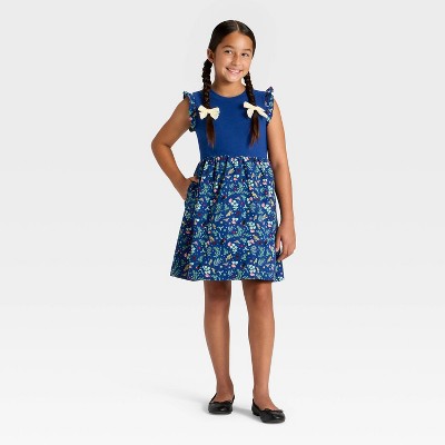 Latino Heritage Month Girls' Ruffle Sleeve A-Line Dress - Dark Blue Floral