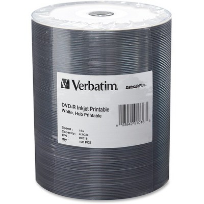 Verbatim DVD-R 4.7GB 16X DataLifePlus White Inkjet Printable, Hub Printable - 100pk Tape Wrap - Inkjet Printable