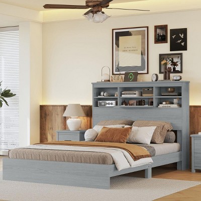 Streamdale Queen Size Vintage Platform Bed,With Storage Headboard and Charging Station, Light Gray