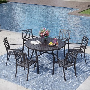Captiva Designs 7pc Black Round Slatted Steel Table with Umbrella Hole& Metal Armrest Chairs - 1 of 4