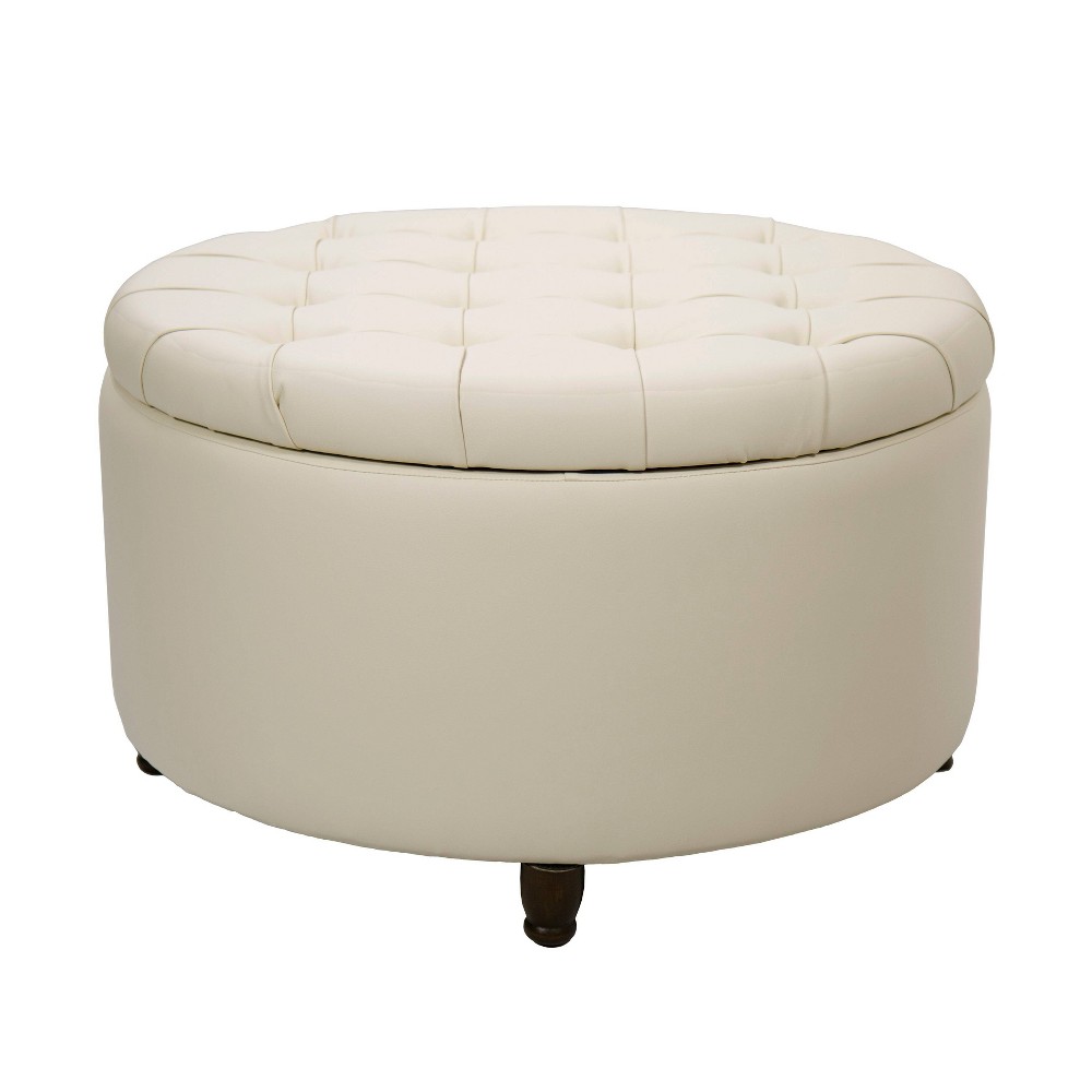 Photos - Pouffe / Bench Large Round Tufted Storage Ottoman with Lift Off Lid Cream Faux Leather 