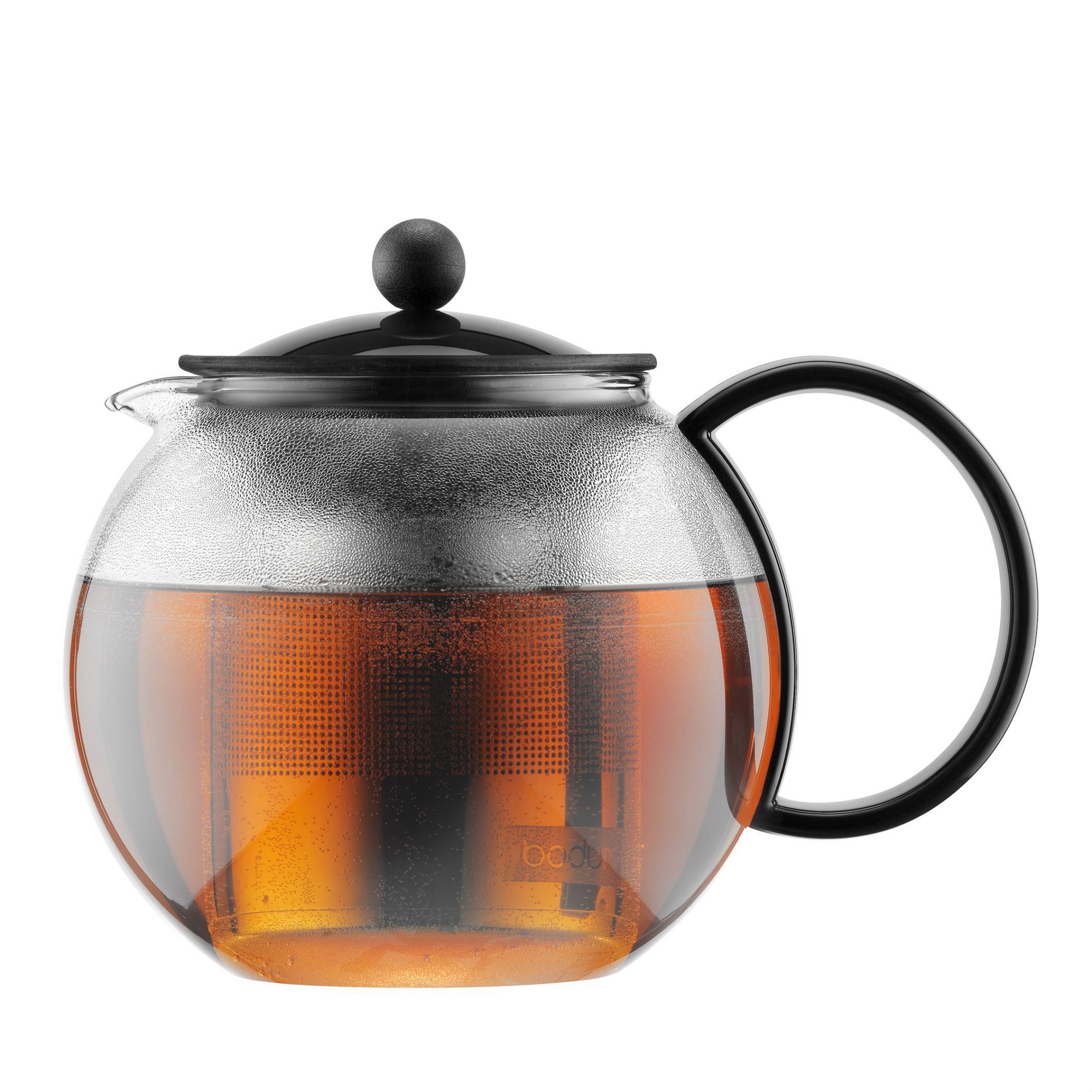 Bodum 34oz Assam Tea Press with Stainless Steel Filter: Glass Teapot & Infuser, Dishwasher-Safe, Black Handle