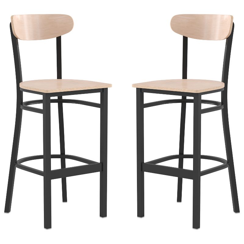 Flash Furniture Wright Set of 2 Commercial Grade Barstools with 500 LB. Capacity Steel Frame, Solid Wood Seat, and Boomerang Back, 1 of 13