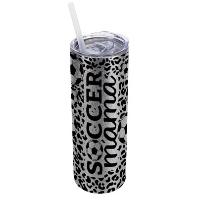 Elanze Designs Leopard Print Silvertone Sparkle 20 Ounce Double Wall Stainless Steel Glitter Travel Tumbler With Sliding Lid And Straw, Soccer Mom