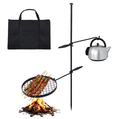ROVSUN Portable Camping Hanging Grill, Foldable Campfire Grate w/ Griddle & Storage Bag, Adjustable Height, For Ourdoor Parties Use 30'' x 13'' x 48''