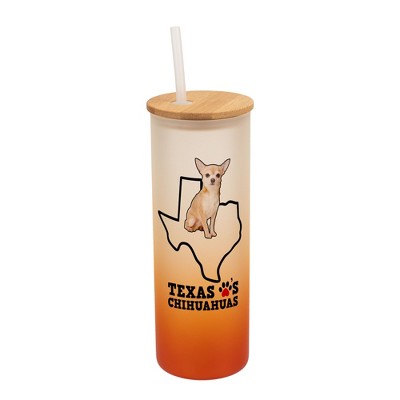 Elanze Designs The Lonestar State Texas Loves Chihuahuas Orange and White Ombre Frosted Glass Travel Tumbler with Straw and Wooden Lid, 25 Ounce