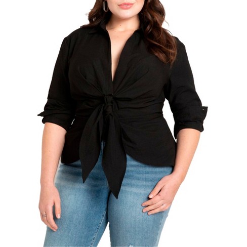 Eloquii Women's Plus Size Tie Front Collared Blouse - 26, Black : Target