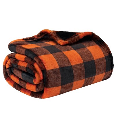 Orange and Black Buffalo Plaid Fleece Throw Blanket