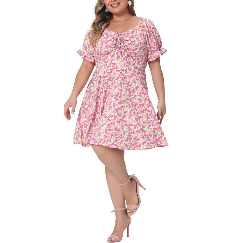 Agnes Orinda Women's Plus Size Sweetheart Neck Puff Short Sleeve Tie Floral A Line Dresses, 2 of 6