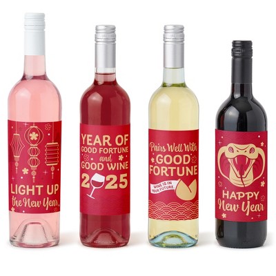 Big Dot of Happiness Lunar New Year - 2025 Year of the Snake Decorations for Women and Men - Wine Bottle Label Stickers - Set of 4