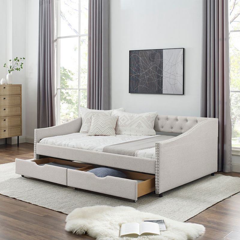 Twin/Full Size Daybed, Upholstered Tufted Sofa Bed with Drawers-ModernLuxe, 3 of 14