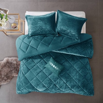 Teal Crushed Velvet Quilted Full/Queen Duvet Set