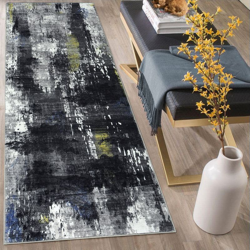 Abstract Area Rug Oriental Throw Rugs Modern Distressed Rug For Living Room, 2' x 6' Black, 1 of 9