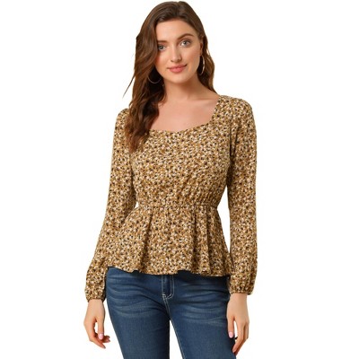 Allegra K Women's Floral Long Sleeve Sweetheart Neck Peplum Blouse with Belt
