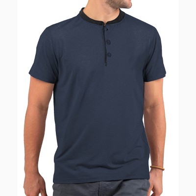 Men's Short Sleeve Henley T-Shirt with Contrast-Trim - Navy - Small