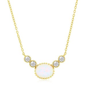 Bella Silver Sterling Silve, Oval White Opal & Round CZ Beaded Outline Necklace - Gold Plated - Gold - 1 of 2