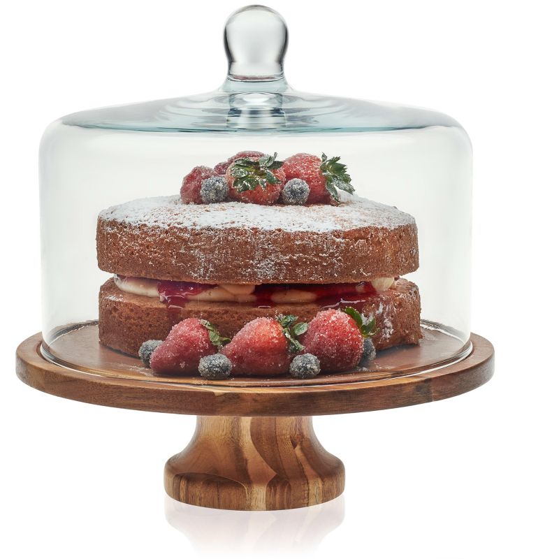 Libbey Acaciawood Footed Round Wood Server Cake Stand with Glass Dome, 1 of 8