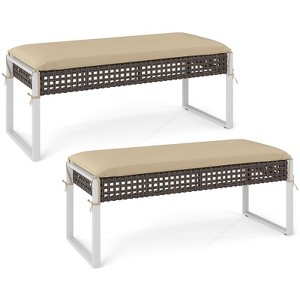 Costway Set of 2 Outdoor Ottoman Bench Patio PE Rattan Footrest w/ Soft Cushion & Metal Frame - 1 of 4