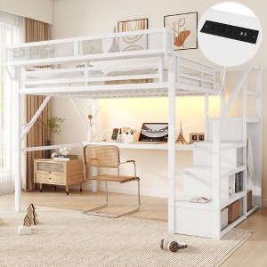 Queen Loft Bed with Desk and Charging Station Queen Size Metal Loft Bed with Stairs and Light for Kids Teens White - 1 of 4