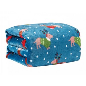 Kate Aurora Blue Christmas Reindeer Puppies Ultra Soft & Plush Accent Throw Blanket - 50 in. W x 60 in. L - 1 of 2