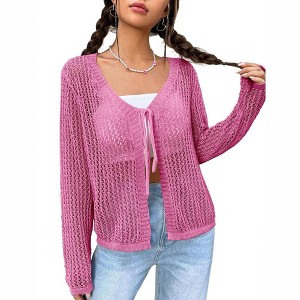 Womens Lightweight Crochet Cardigan Tie Front Shrugs Knit Cardigan Crop Tops Long Sleeve Mesh Sweaters Summer Beach Cover Up - Rose S - 1 of 4
