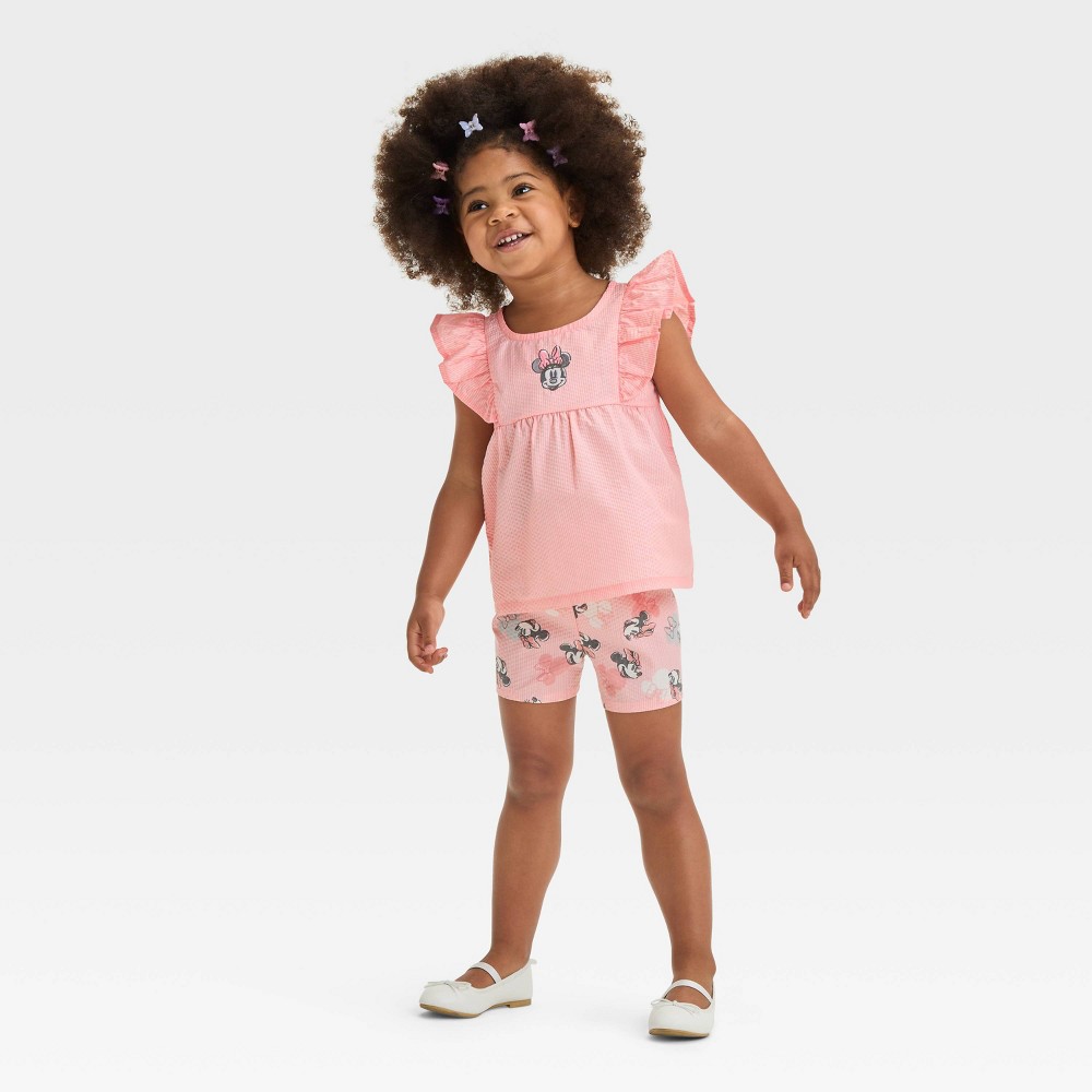 Toddler Girls Disney Minnie Mouse Embroidered Seersucker Top and Shorts Set