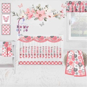 Bacati - Watercolor Floral Coral Gray 10 pc Girls Baby Crib Bedding Set with Long Rail Guard Cover 100% cotton fabrics - 1 of 4