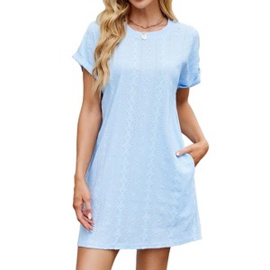 Womens Sundress Summer Eyelet Embroidery Shift Dress A Line Crew Neck T Shirt Dress Casual Short Sleeve Boho Mini Dress - 1 of 4