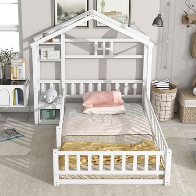 NicBex Twin Size Kids Montessori Bed with House Shape Headboard,Floor Bed with Guardrails Design,Toddler bed for Bedroom Playroom,Gray/White
