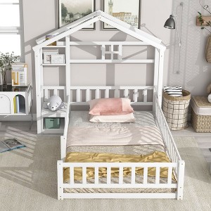 NicBex Twin Size Kids Montessori Bed with House Shape Headboard,Floor Bed with Guardrails Design,Toddler bed for Bedroom Playroom,Gray/White - 1 of 4