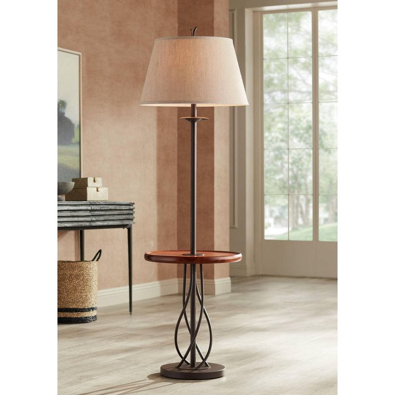 Franklin Iron Works Rustic Floor Lamp with Table 63.5" Tall Wood Twisted Iron Base Linen Empire Shade for Living Room Reading Bedroom, 3 of 11