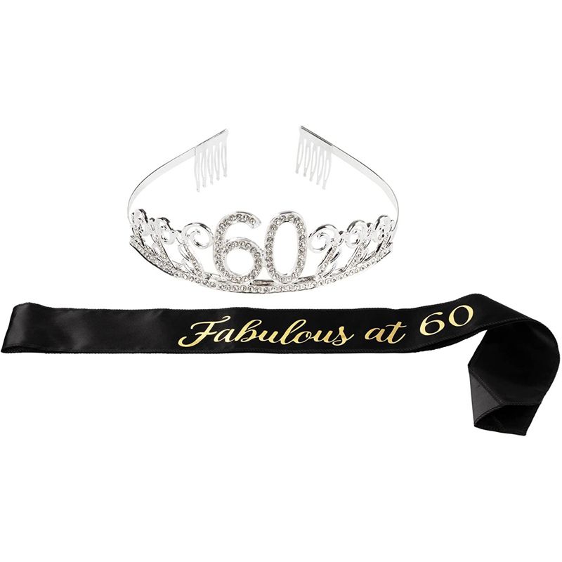 Blue Panda 60th Birthday Sash and Tiara for Women, Fabulous at 60 Party Decorations, Black with Gold Print, 1 of 7