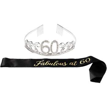 Blue Panda 60th Birthday Sash and Tiara for Women, Fabulous at 60 Party Decorations, Black with Gold Print