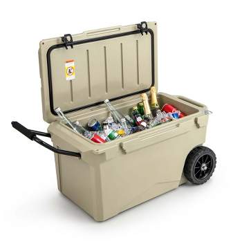 Costwasy 75 Qt Portable Cooler Roto Molded Ice Chest Insulated 5-7 Days with wheels Handle Charcoal/Tan