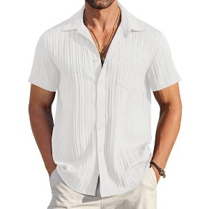 Men's Casual Button Down Shirts Short Sleeve Textured Summer Beach Shirt with Pocke - 1 of 3