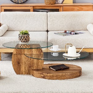 Lyngins Oval Tempered Glass Coffee Table, Contemporary Artistic Double Layer Tea Table with Anti-Slip Pads, Ideal Center Table & Living Room Table - 1 of 4