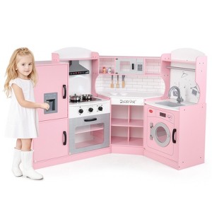 Costway Corner Play Kitchen Toddler Kitchen Playset with Range Hood, Ice Maker, Microwave White/Pink - 1 of 4