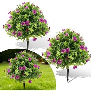 2Pcs 2Ft Artificial Trees, Artificial Boxwood Ball Topiary Trees with Flowers, Fake Outdoor Shrubs with Ground Spikes for Home Office Deco - 1 of 4